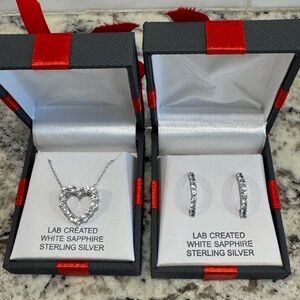 Sterling Silver LC White Sapphire Heart Necklace and Hoop Earrings NWT